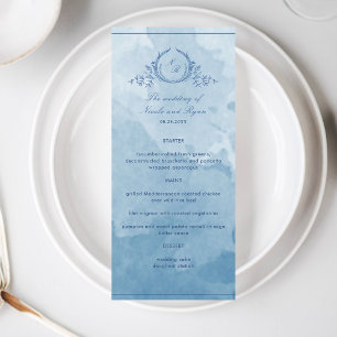 Chic Blue Watercolor Script Monogram Wedding Menu