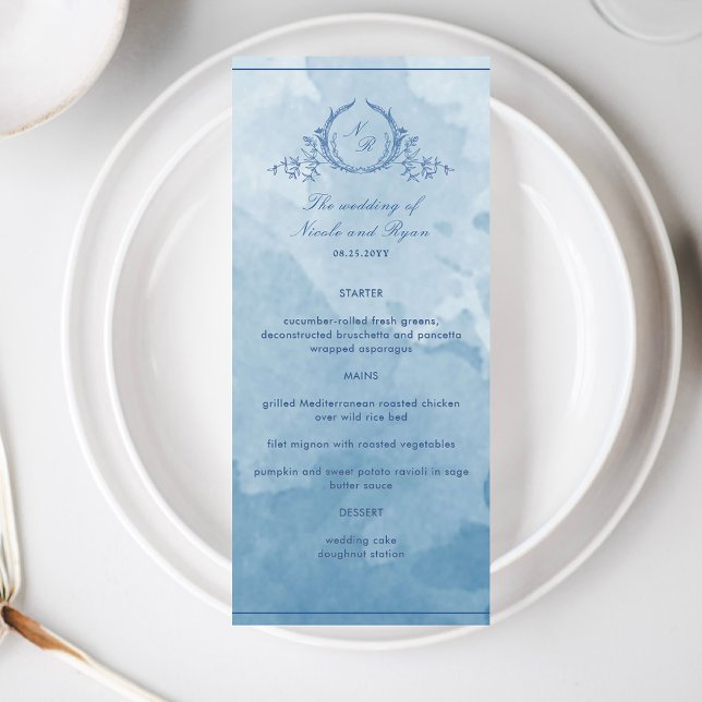 Chic Blue Watercolor Script Monogram Wedding Menu (Creator Uploaded)