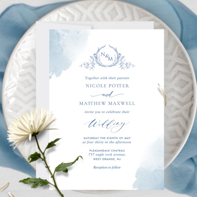 Chic, Blue Watercolor Stains, Monogram Wedding Invitation (Creator Uploaded)