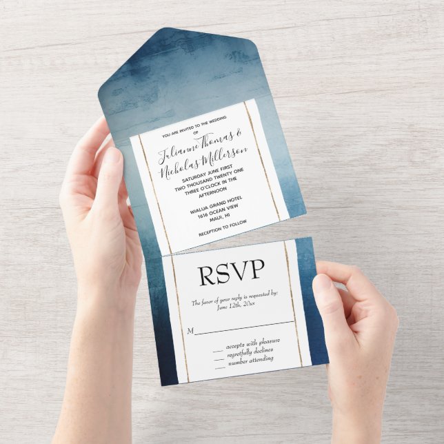  Chic Blue Wedding All In One Invitation (Tearaway)