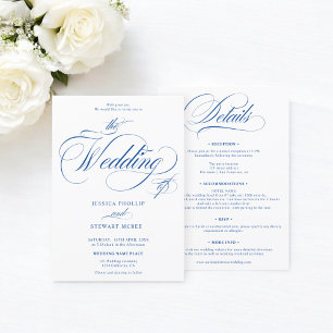Chic blue white all in one calligraphy wedding invitation
