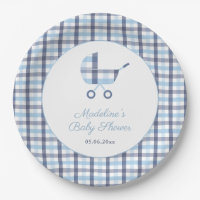 Chic Blue White Check Buggy Boy Baby Shower Party