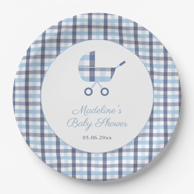 Chic Blue White Check Buggy Boy Baby Shower Party Paper Plate (Front)