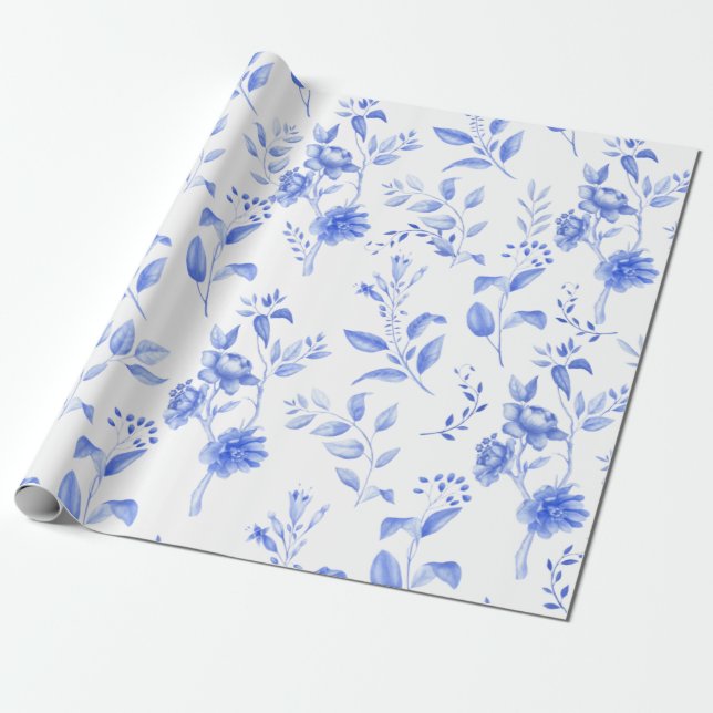 Chic Blue White Chinoiserie Floral Porcelain Wrapping Paper (Unrolled)