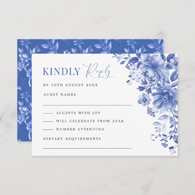 Chic Blue White Chinoiserie Floral Wedding RSVP Card (Front/Back)
