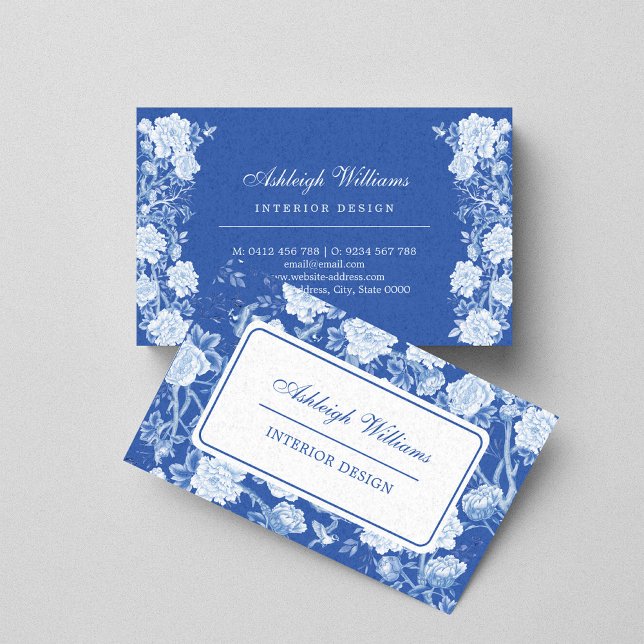 Chic Blue White Chinoiserie Flower Interior Design Business Card (Creator Uploaded)
