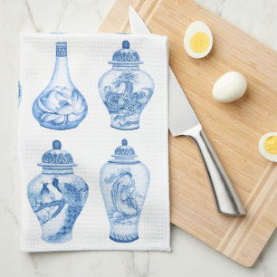 Chic Blue White Chinoiserie Porcelain Ginger Jars Tea Towel