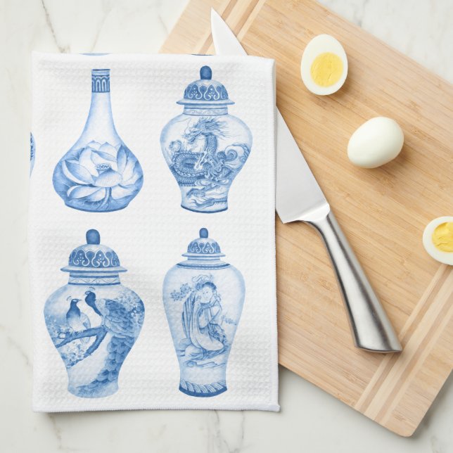 Chic Blue White Chinoiserie Porcelain Ginger Jars Tea Towel (Quarter Fold)