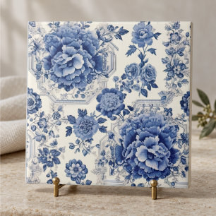 Chic Blue White Chinoiserie Toile Monogram Tile