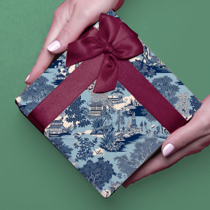 Chic Blue White Chinoiserie Willow Toile Scene Wrapping Paper Sheet