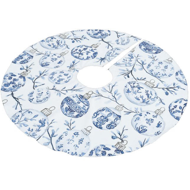 Chic Blue White Christmas Ornaments Brushed Polyester Tree Skirt (Angled)