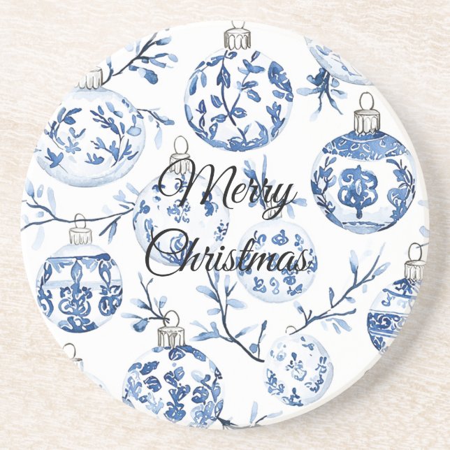Chic Blue White Christmas Ornaments Coaster (Front)