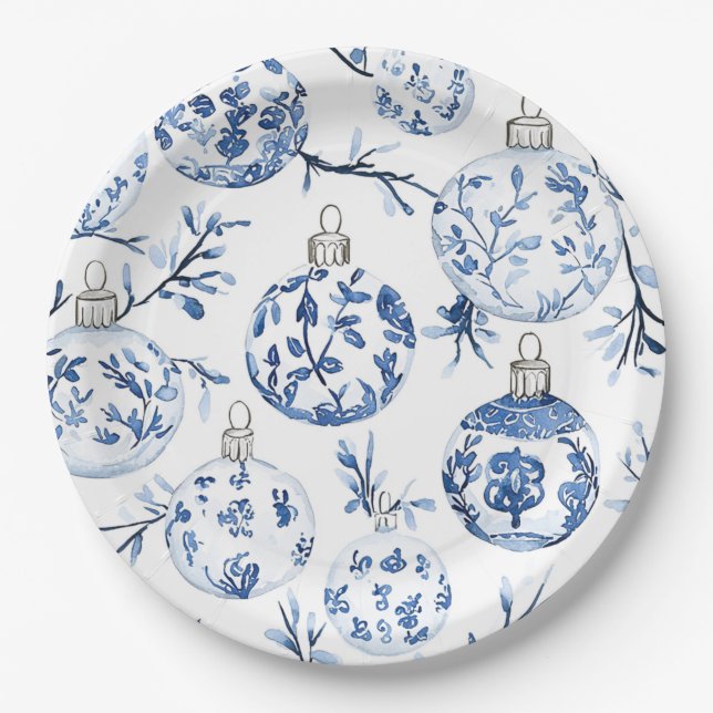 Chic Blue White Christmas Ornaments Paper Plate (Front)