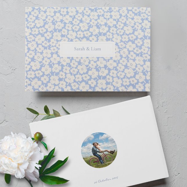 Chic Blue White Couple Photo Floral Daisy Wedding Guest Book (Creator Uploaded)