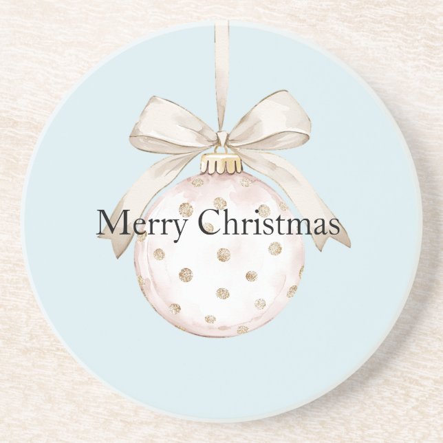Chic Blue White Dots Bow Ornament Christmas Coaster (Front)