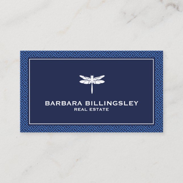 Chic Blue/White Dragonfly Realtor, Designer Business Card (Front)
