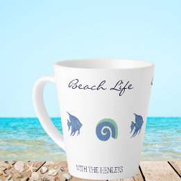 Chic Blue White Fish and Shell Family Beach House Latte Mug