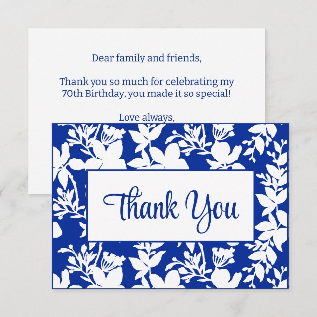 Chic Blue White Floral 70th Birthday Party Thank You Card (Front/Back)