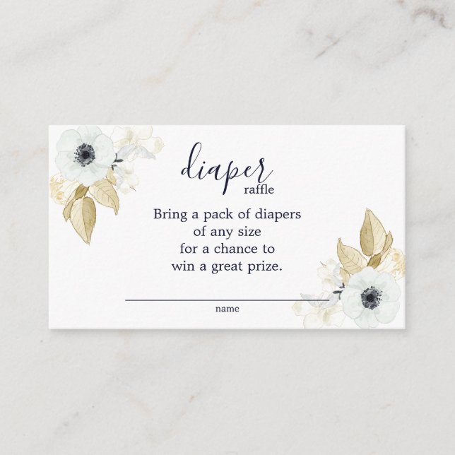 Chic Blue & White Floral Baby Shower Diaper Raffle Enclosure Card (Front)