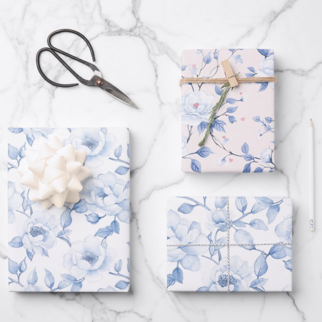 Chic Blue White Floral Bridal Shower Wrapping Paper Sheet (Front)
