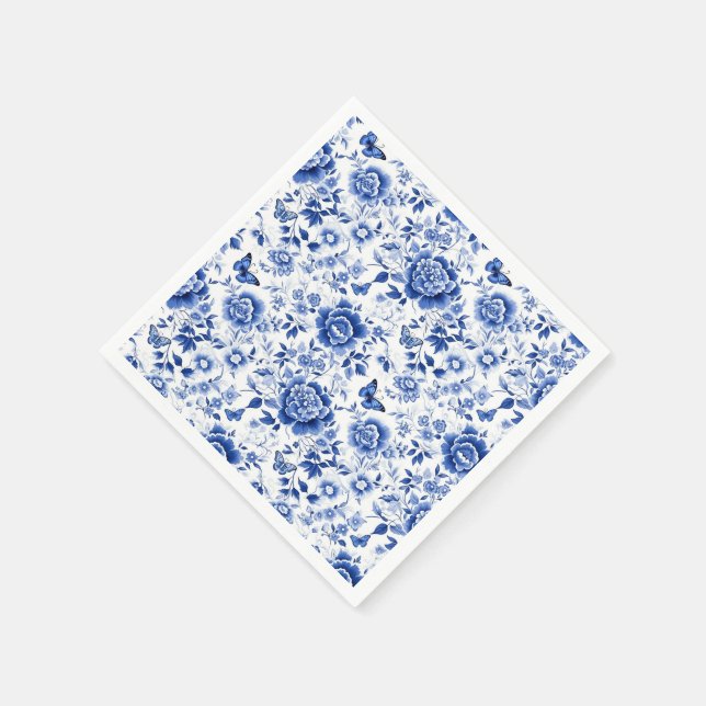 Chic Blue & White Floral Chinoiserie Napkin (Corner)