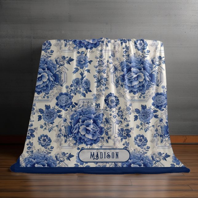 Chic Blue white floral chinoiserie toile monogram Fleece Blanket (Creator Uploaded)