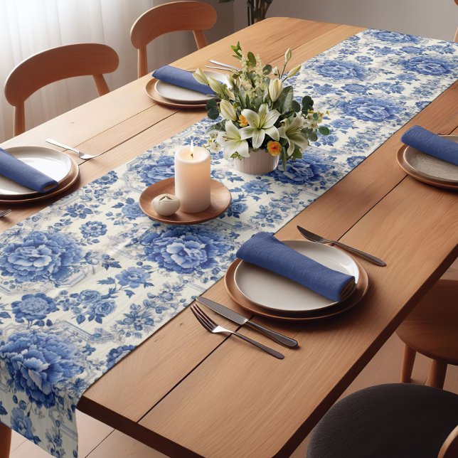 Chic Blue white floral chinoiserie toile monogram Short Table Runner (Creator Uploaded)