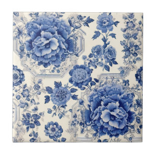 Chic Blue white floral chinoiserie toile monogram Tile