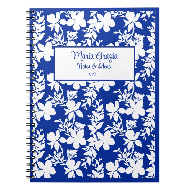 Chic Blue White Floral  Notebook (Front)