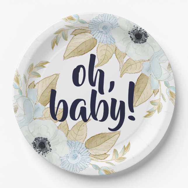 Chic Blue & White Floral Oh Baby Baby Shower Paper Plate (Front)