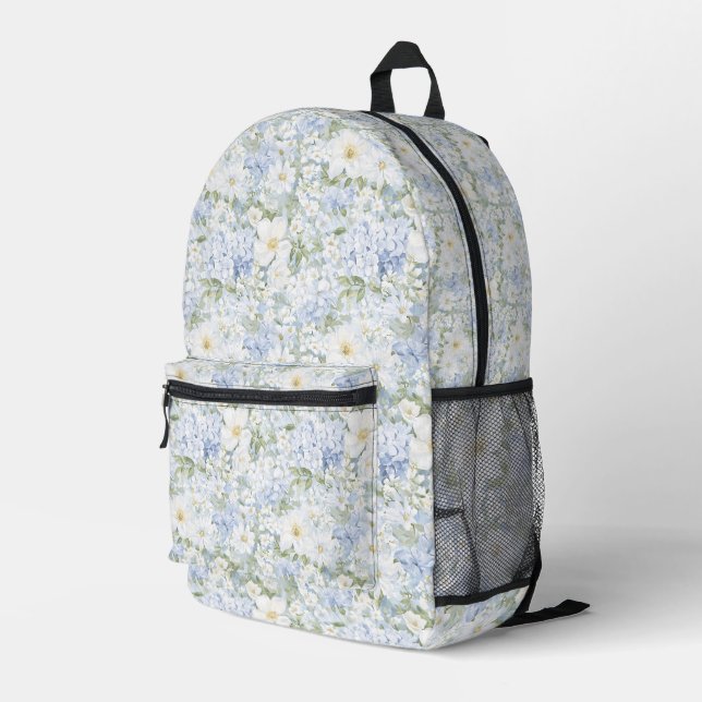 Chic Blue White Floral Printed Backpack (Back Corner Right)