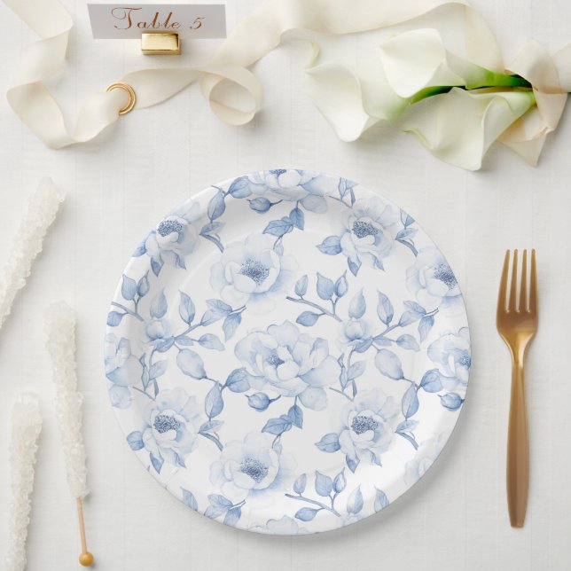 Chic Blue White Floral Wedding Paper Plate (Wedding)