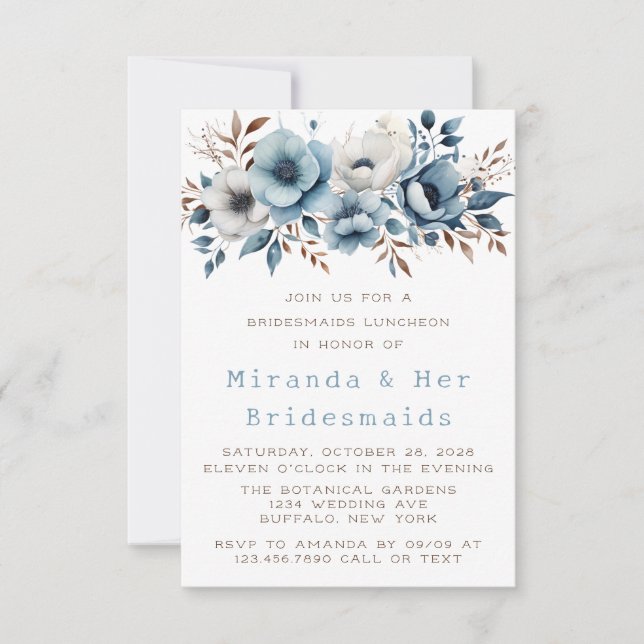 Chic Blue White Flower Bridesmaids Luncheon Invitation (Front)