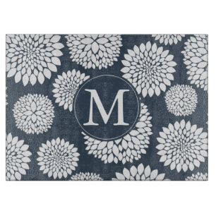 Chic Blue White Flowers Monogram Cutting Board
