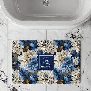 Chic Blue White Flowers Personalised Bath Mat