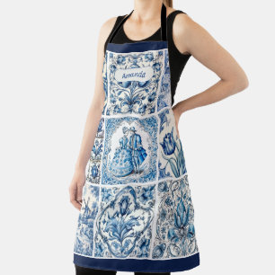 Chic Blue white frames toile de jouy monogram Apron