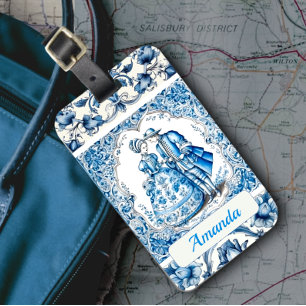 Chic Blue white frames toile de jouy monogram Luggage Tag