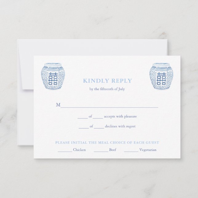 Chic Blue & White Ginger Jars Meal Choices Wedding RSVP Card (Back)