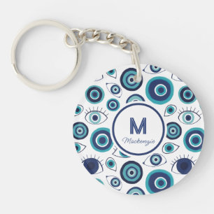 Chic Blue White Greek Evil Eye Monogram Key Ring