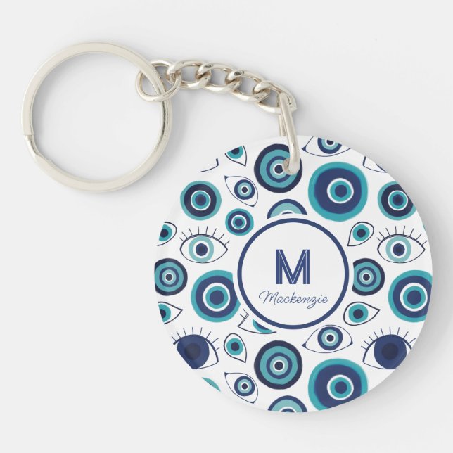 Chic Blue White Greek Evil Eye Monogram Key Ring (Front)