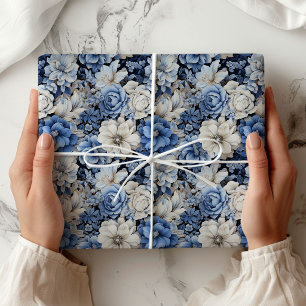 Chic Blue White Ivory Floral Modern Wrapping Paper