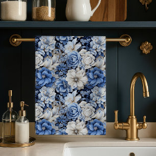 Chic Blue White Ivory Floral Soft Kitchen Hand   Tea Towel