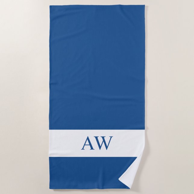 Chic Blue White Monogrammed Beach Towel (Front)