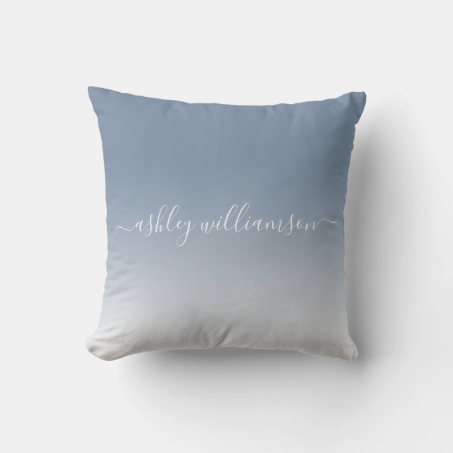 Chic Blue White Ombre Effect Monogram Name Cushion (Front)
