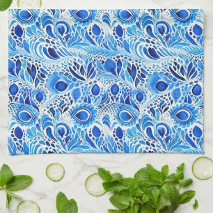 Chic Blue White Peacock Feathers Bridal Shower Tea Towel