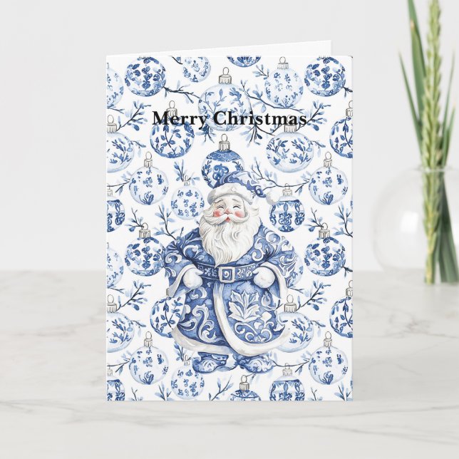 Chic Blue White Santa Christmas Card (Front)