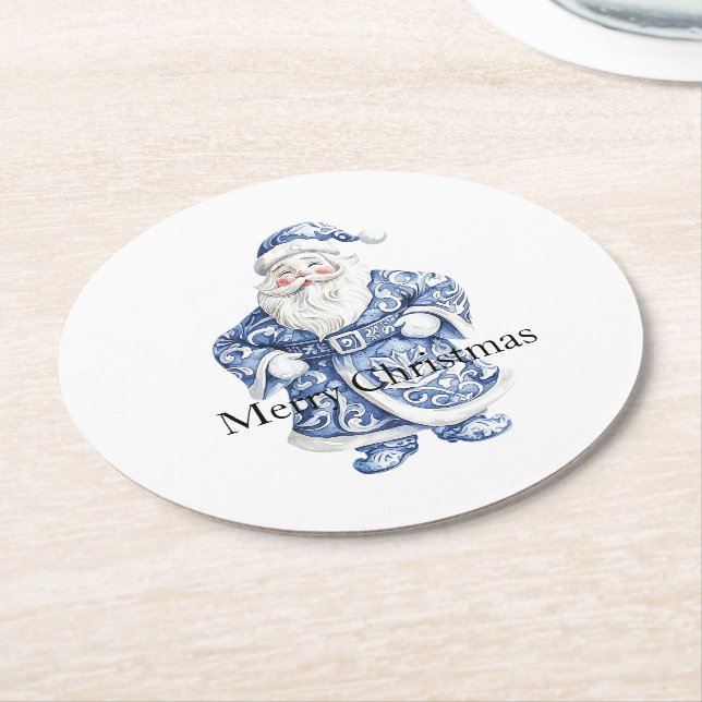 Chic Blue White Santa Christmas Round Paper Coaster (Angled)