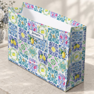 Chic Blue White Sicilian Azulejo Amalfi Tiles Large Gift Bag