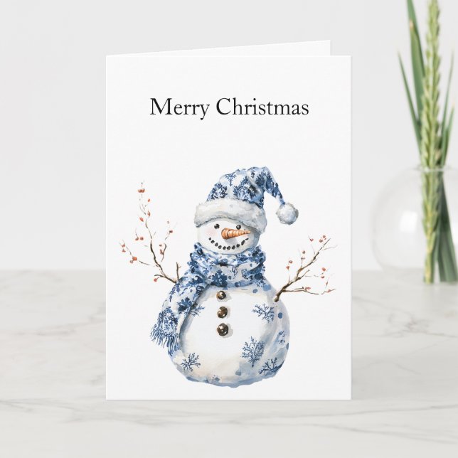 Chic Blue White Snowman Christmas Card (Front)