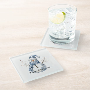 Chic Blue White Snowman Christmas Glass Coaster